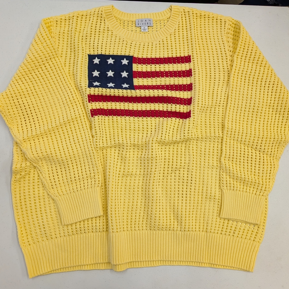 Joan Rivers Yellow Open-Knit Sweater with Red, Navy and White Flag Motif